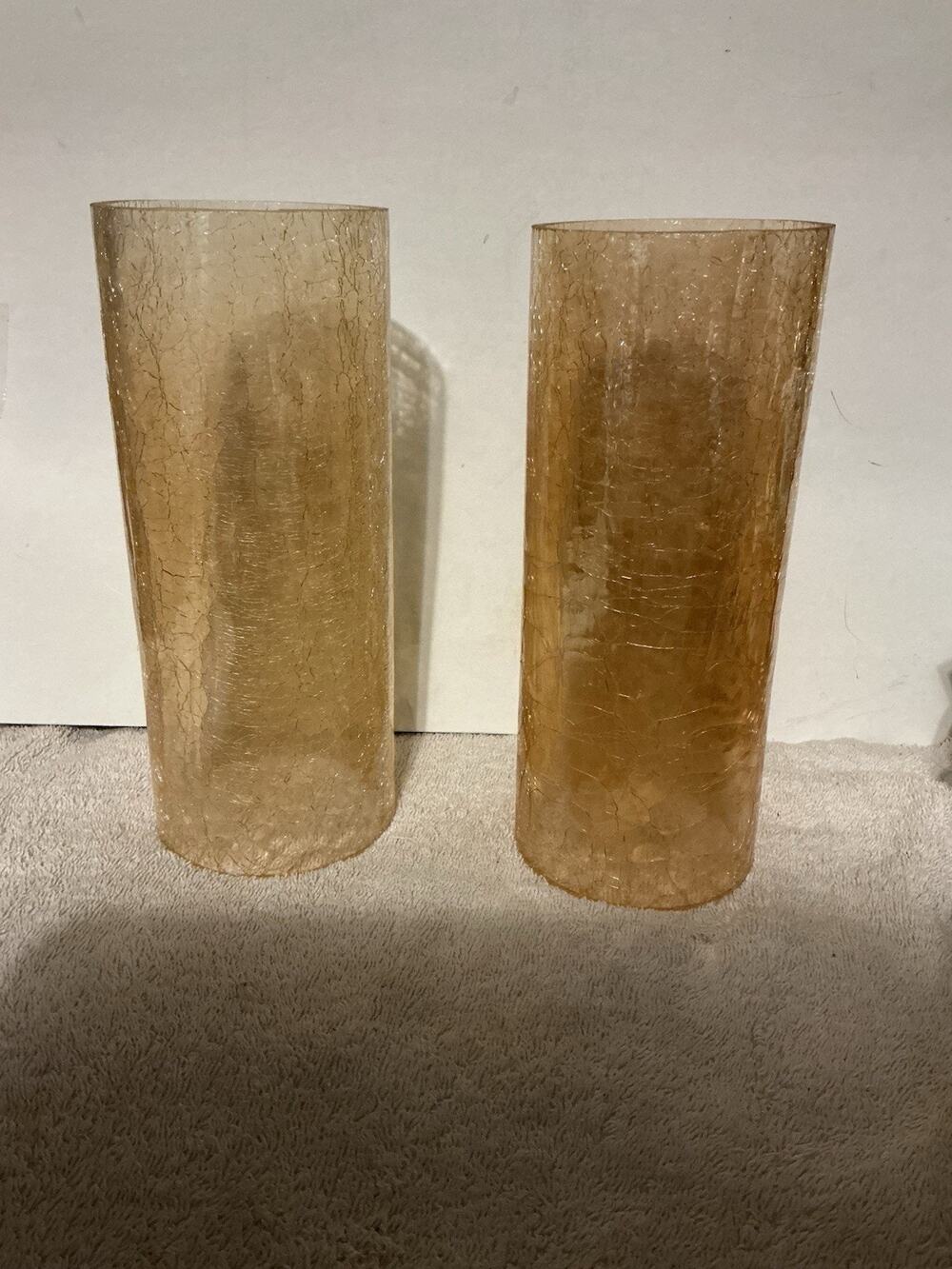 Vtg Blenko Style Amber Crackle Glass Hurricane Shade Cylinder Chimney PAIR 9.5”